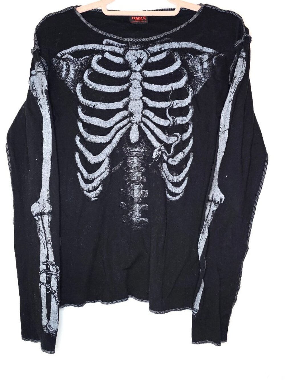Vintage Omen Skeleton Anatomy Graphic Long Sleeve Tee T-Shirt Goth Grunge Top OS